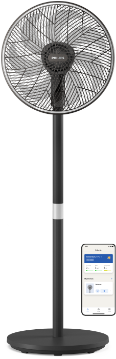 &bdquo;Philips&ldquo; pastatomas ventiliatorius &scaron;alia &bdquo;Philips Air+&ldquo; programėlės mini piktogramų &scaron;viesiai mėlyname fone.