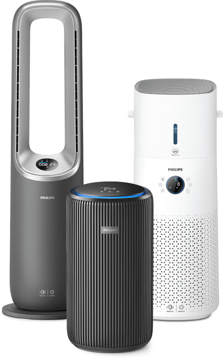 Vienas šalia kito stovinčių „Philips“ oro valytuvų rinkinys